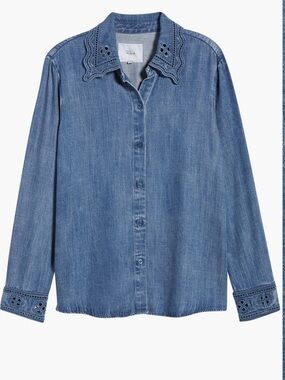 NWT Denim Button-Up Shirt with Scalloped Eyelet Collar Rails M